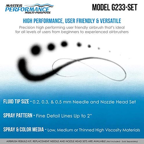 Master Airbrush G233 Performance Pro Airbrush Kit with 3 Nozzle Sets (0.2, 0.3 & 0.5mm Needles, Fluid Tips & Air Caps), Gravity Dual Action - Air Brush Guns for Painting, Aerografo Body Art & Cake