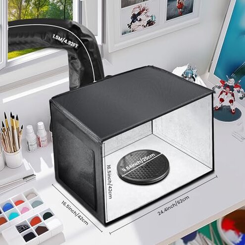 Airbrush Spray Booth with Dual Exhaust Fans,Portable Airbrush Paint Booth for Airbrushing,2 Round Led Lights with 360&deg; Coverage,Turntable and Extension Hose,Hobby Spray Booth Kit for Painting Model