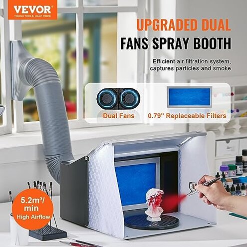 VEVOR Airbrush Spray Booth, Portable Hobby Airbrush Paint Spray Booth Kit with 4 LED Light, Powerful Dual Exhaust Fans, Turntable and 6 ft Extension Hose, for Painting Models, Arts, Crafts, Cakes