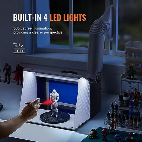 VEVOR Airbrush Spray Booth, Portable Hobby Airbrush Paint Spray Booth Kit with 4 LED Light, Powerful Dual Exhaust Fans, Turntable and 6 ft Extension Hose, for Painting Models, Arts, Crafts, Cakes