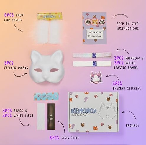 Pre Felted Therian Cat Mask Kit - Set of 3 with Fleeced Cat Mask Bases, Faux Fur, Eye Mesh - Felted for You, Skip The Messy Work - Premium All-in-One Therian Kit