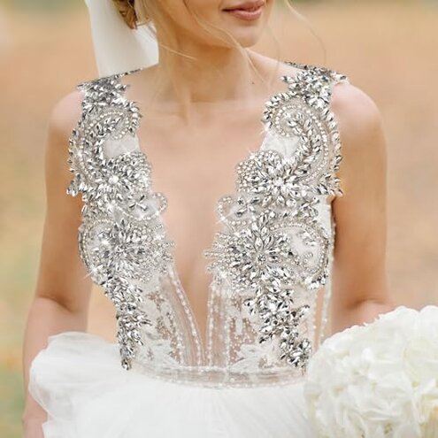 Aphlos Handcrafted Rhinestone Beaded Appliqu&eacute; Patches 1 Pair, Versatile for Evening Dresses, Bridal Gowns, Dance Costumes, Adds Sparkle to Garments, Easy to Attach Suitable for Sewing & Gluing