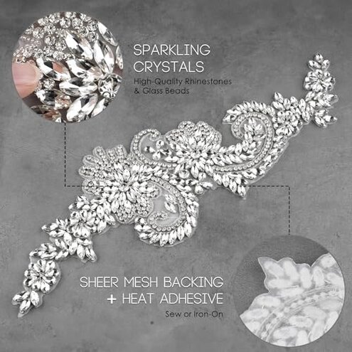Aphlos Handcrafted Rhinestone Beaded Appliqu&eacute; Patches 1 Pair, Versatile for Evening Dresses, Bridal Gowns, Dance Costumes, Adds Sparkle to Garments, Easy to Attach Suitable for Sewing & Gluing
