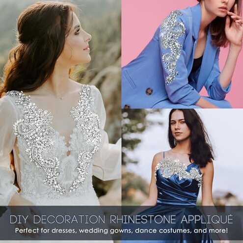 Aphlos Handcrafted Rhinestone Beaded Appliqu&eacute; Patches 1 Pair, Versatile for Evening Dresses, Bridal Gowns, Dance Costumes, Adds Sparkle to Garments, Easy to Attach Suitable for Sewing & Gluing