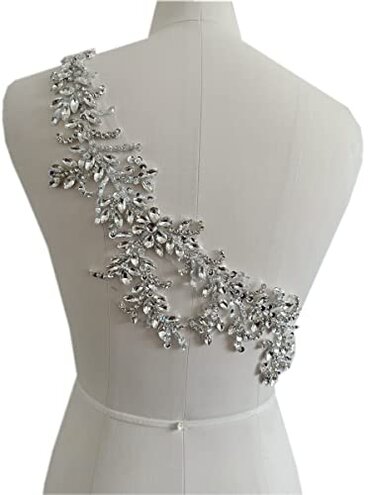 Handmade Rhinestones lace Trim Patches handsewing Beads Applique for Dress DIY Accessories (Silver)