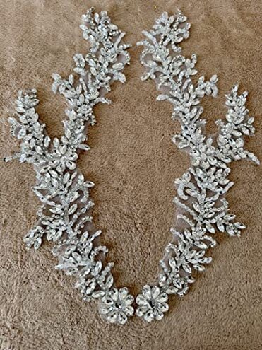 Handmade Rhinestones lace Trim Patches handsewing Beads Applique for Dress DIY Accessories (Silver)
