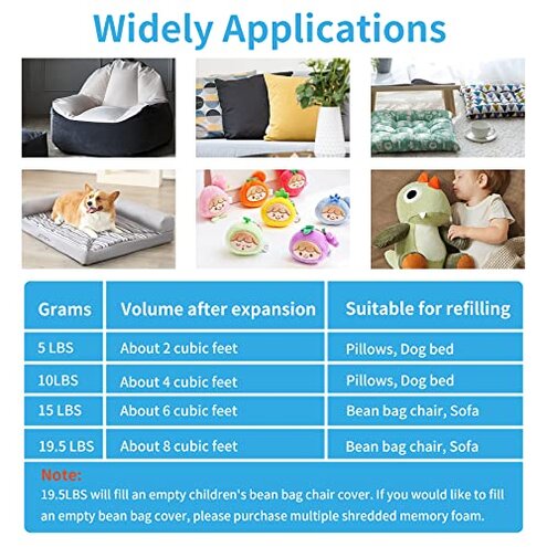 Welacer Shredded Memory Foam Filling 10lbs for Bean Bag Filler, Pillow Stuffing Cushion Arts Crafts Refill, Without Added Gel Particles, Premium Soft and Great for Stuffing, Multi Color and Shape