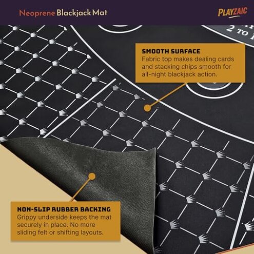 Playzaic Full Size 72" x 35" Neoprene Blackjack Roll-Out Tabletop Mat with Nonslip Rubber Backing - Smooth Surface for 7 Players and Dealer - Includes Shoulder Carrying Bag