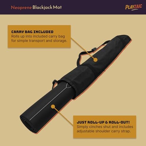 Playzaic Full Size 72" x 35" Neoprene Blackjack Roll-Out Tabletop Mat with Nonslip Rubber Backing - Smooth Surface for 7 Players and Dealer - Includes Shoulder Carrying Bag