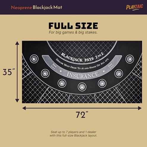 Playzaic Full Size 72" x 35" Neoprene Blackjack Roll-Out Tabletop Mat with Nonslip Rubber Backing - Smooth Surface for 7 Players and Dealer - Includes Shoulder Carrying Bag