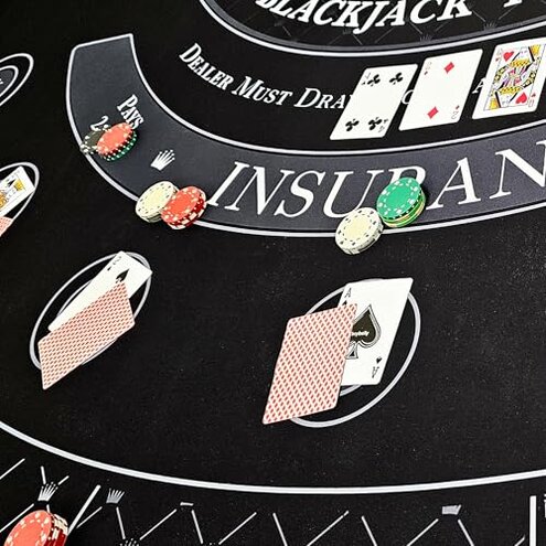 Playzaic Full Size 72" x 35" Neoprene Blackjack Roll-Out Tabletop Mat with Nonslip Rubber Backing - Smooth Surface for 7 Players and Dealer - Includes Shoulder Carrying Bag