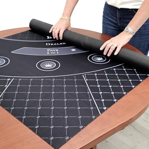 Playzaic Full Size 72" x 35" Neoprene Blackjack Roll-Out Tabletop Mat with Nonslip Rubber Backing - Smooth Surface for 7 Players and Dealer - Includes Shoulder Carrying Bag