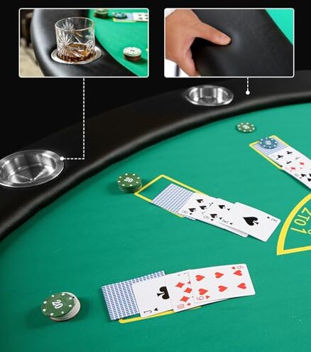 DC DICLASSE Foldable 7 Players Poker Table for Blackjack, Texas Hold'em Table with Stainless Steel Cup Holder, Casino Leisure Table for Card Games, Dominoes, Board Games,Green Speed Felt
