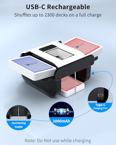 ADZERD Automatic Card Shuffler for 1-2 Decks with Dual Auto/Manual Modes, USB-C Rechargeable, Quiet Operation, Compatible with UNO, Poker, Mahjong, Bridge, Rummy, Skip-Bo, Phase 10 & More - White