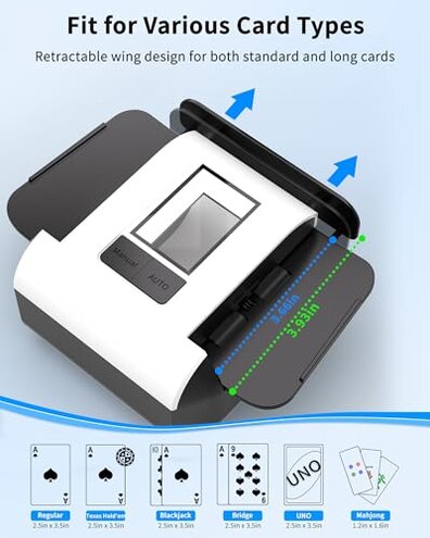 ADZERD Automatic Card Shuffler for 1-2 Decks with Dual Auto/Manual Modes, USB-C Rechargeable, Quiet Operation, Compatible with UNO, Poker, Mahjong, Bridge, Rummy, Skip-Bo, Phase 10 & More - White