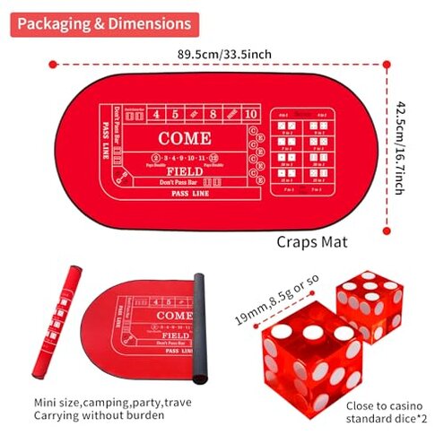 TMKEFFC 33" x 17" Mini Craps Table Mat With Two Dice - Portable Casino Non-Slip Rubber Tabletop Cover for Game Night, Home Entertainment, Party