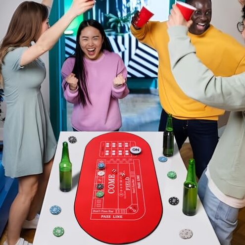 TMKEFFC 33" x 17" Mini Craps Table Mat With Two Dice - Portable Casino Non-Slip Rubber Tabletop Cover for Game Night, Home Entertainment, Party