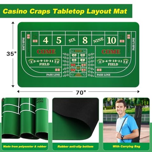 Leyndo Craps Tabletop Game Set, Includes 35"x70" Rubber Craps Tabletop Layout Mat, Casino Grade AAA 19mm Dice, 3 Inch On/Off Buttons for Casino Poker Nights Adults Only