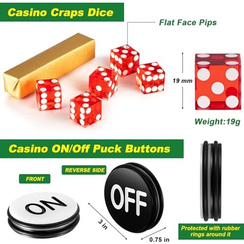 Leyndo Craps Tabletop Game Set, Includes 35"x70" Rubber Craps Tabletop Layout Mat, Casino Grade AAA 19mm Dice, 3 Inch On/Off Buttons for Casino Poker Nights Adults Only