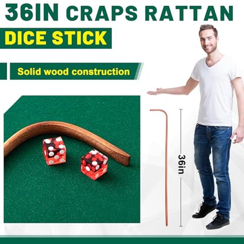 Leyndo Craps Stick Tabletop Game Set, Includes 36" Craps Rattan Stick, Casino Grade AAA 19mm Dice, Dice Boat Tray, 3" ON/Off Poker Button for Game Table