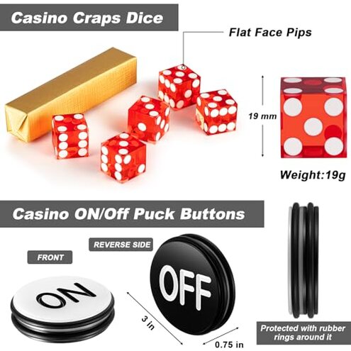 Leyndo Craps Tabletop Game Set, Includes 48"x11" Rubber Craps Diamond Pyramid Bumper, Casino Grade AAA 19mm Dice, 3 Inch On/Off Buttons for Casino Poker Nights(Black)