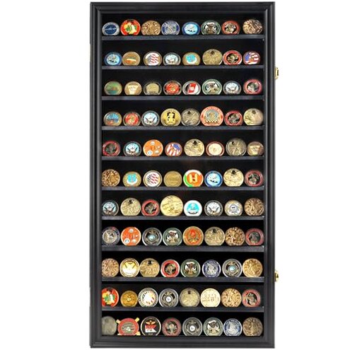 DisplayGifts Military Challenge Coin Display Case Poker Chips Holder Wall Cabinet Showcase Rack Black Finish 29" H X 16" W Compatible with Army Navy Air Force Marine Corps Challenge Coins