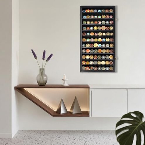 DisplayGifts Military Challenge Coin Display Case Poker Chips Holder Wall Cabinet Showcase Rack Black Finish 29" H X 16" W Compatible with Army Navy Air Force Marine Corps Challenge Coins