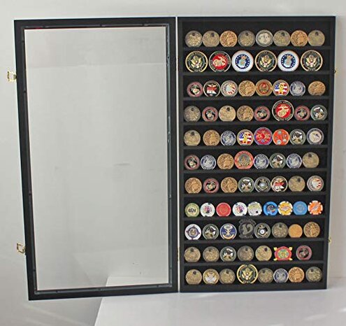 DisplayGifts Military Challenge Coin Display Case Poker Chips Holder Wall Cabinet Showcase Rack Black Finish 29" H X 16" W Compatible with Army Navy Air Force Marine Corps Challenge Coins