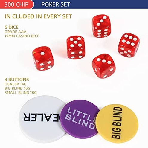 300Pcs Poker Chips Set for Texas Holdem,Blackjack,Professional Poker Kit with Aluminum Case,2 Decks Cards,Dealer,Big Small Blind Buttons and 5 Dice,11.5 Gram Gambling Chips for Casino Games