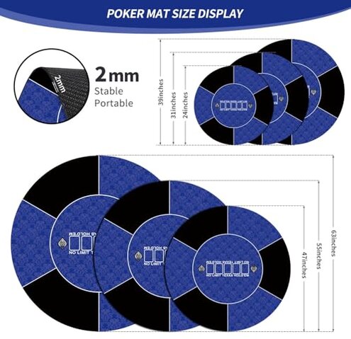 nuveti 24/31/39/47/55/63inch Round Poker Mat for Texas Holdem | Portable Poker Table Top with Art Deco Layout Print 6-8 Player Game Layout Mat to Play Cards, Poker Games, Blackjack, Casino