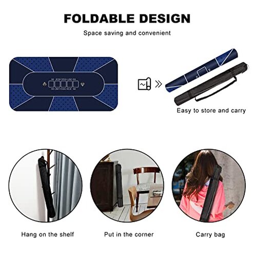 70 x 35 Inch Poker Mat, 8 Players Texas Hold'em Poker Rubber Mat Poker Topper for Tables, Folding Portable Poker Table Top Layout w/Carrying Bag for Poker Games, Blackjack, Casino (70 x 35 Inch-Blue)