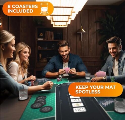 Newverest Poker Table Top 70" x 35", Texas Hold'em Poker Mat for Home Game Nights Up to 10 Players, Blackjack, Casino | Poker Topper for Tables in Zipper Storage Bag with 8 Coasters in Gift-Ready Box