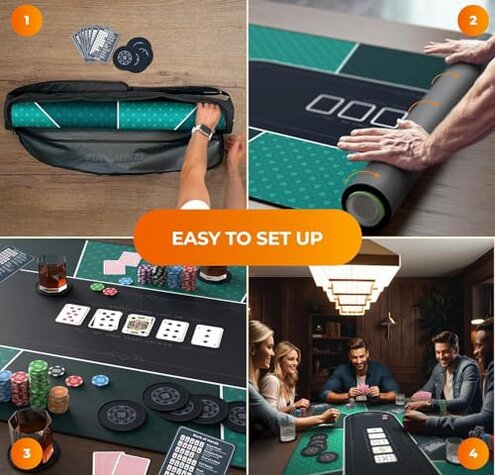 Newverest Poker Table Top 70" x 35", Texas Hold'em Poker Mat for Home Game Nights Up to 10 Players, Blackjack, Casino | Poker Topper for Tables in Zipper Storage Bag with 8 Coasters in Gift-Ready Box