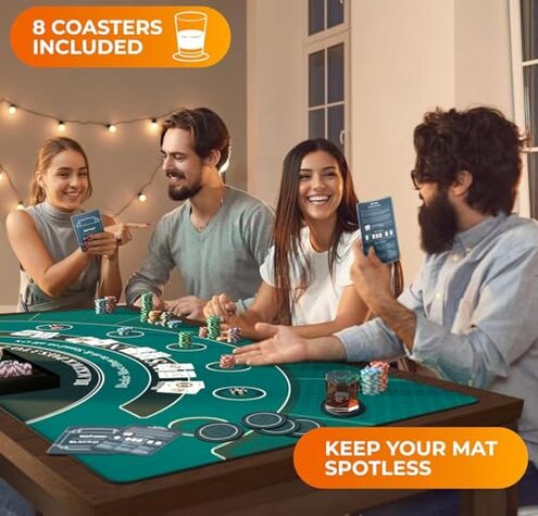 Newverest Blackjack Mat 70" x 35", Blackjack Table Top for Home Game Nights with Friends | Black Jack Casino Table Topper, Poker Mat Layout in Zipper Storage Bag with 8 Coasters in Gift Box (Green)