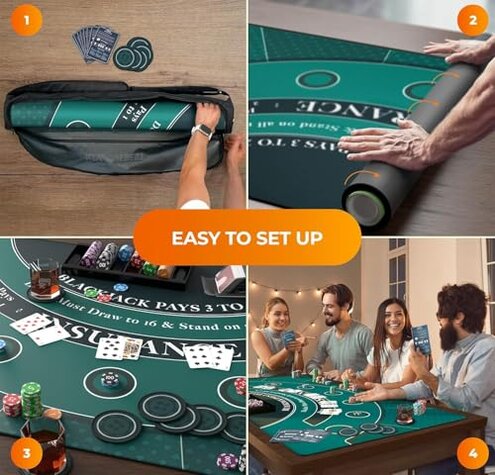 Newverest Blackjack Mat 70" x 35", Blackjack Table Top for Home Game Nights with Friends | Black Jack Casino Table Topper, Poker Mat Layout in Zipper Storage Bag with 8 Coasters in Gift Box (Green)