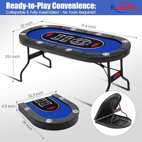 Rioloiuy 8 Player Poker Table Foldable, Texas Holdem Casino Table with Padded Rails & Cup Holders, Portable Folding Game Table for Home or Game Room, 71 Inch