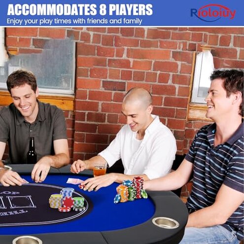 Rioloiuy 8 Player Poker Table Foldable, Texas Holdem Casino Table with Padded Rails & Cup Holders, Portable Folding Game Table for Home or Game Room, 71 Inch