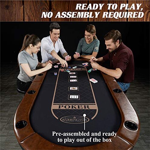 Barrington Billiards 10 Player Classic Poker Table with Padded Rails and Cup Holders, Black/Blue, 84 Inches