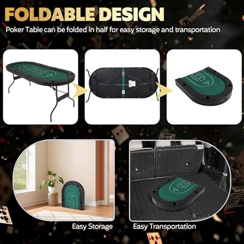 FAHKNS Poker Table Foldable, 72 Inch 8 Player Folding Poker Table, Texas Holdem Poker Tables, Portable Game Table with Cup Holders, Green