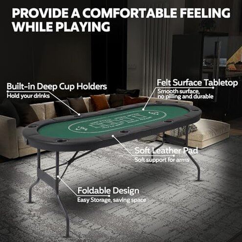 FAHKNS Poker Table Foldable, 72 Inch 8 Player Folding Poker Table, Texas Holdem Poker Tables, Portable Game Table with Cup Holders, Green