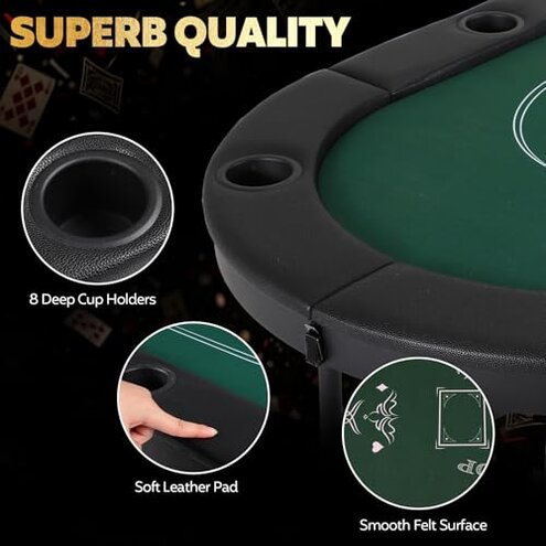 FAHKNS Poker Table Foldable, 72 Inch 8 Player Folding Poker Table, Texas Holdem Poker Tables, Portable Game Table with Cup Holders, Green