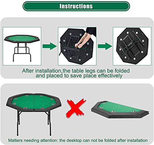 ECOTOUGE Poker Table Foldable, Casino Leisure Texas Holdem Game Table w/Metal Legs & Stainless Steel Cup Holders, 8 Players Octagon GamingTable for Blackjack, Club, Family Games, Green
