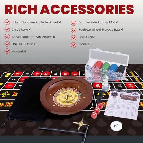 Roulette Wheel & Craps Set with Double-Sided Tabletop Layout Mat,10 Inch Premium Solid Wood Roulette Wheel, 200 Chips, Roulette Marker,Instruction Card etc.Perfect for Game Night Party