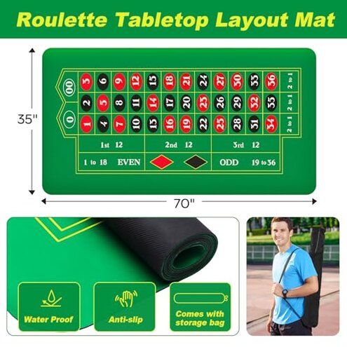 Poen Roulette Mat Tabletop Felt Layout Set Rubber Roulette Wheel Table Cover Craps Mat with Win Marker Storage Bag for Casino Games Christmas Parties Home Entertainment Night(Green,70 x 35 Inch)