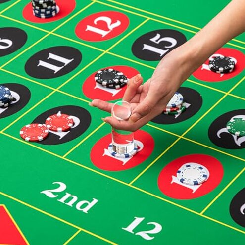 Poen Roulette Mat Tabletop Felt Layout Set Rubber Roulette Wheel Table Cover Craps Mat with Win Marker Storage Bag for Casino Games Christmas Parties Home Entertainment Night(Green,70 x 35 Inch)
