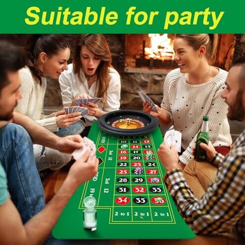 Poen Roulette Mat Tabletop Felt Layout Set Rubber Roulette Wheel Table Cover Craps Mat with Win Marker Storage Bag for Casino Games Christmas Parties Home Entertainment Night(Green,70 x 35 Inch)