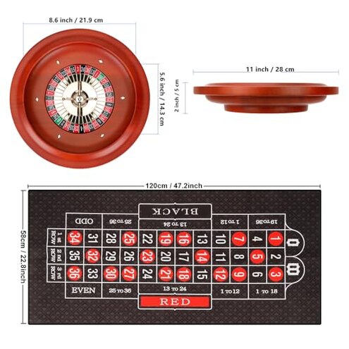 Ygebet 11 inch Solid Roulette Wheel Set for Adults, with 47.2 x 22.8 Inch Double Sided Table Layout Felt Mat, 100 ABS Chips, and Dealer Button Playing Cards Casino Roulette Game Sets