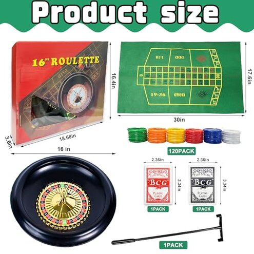 IIDEA 16 Inch Professional Roulette Wheel Set Gambling Wheel with 120 Chips,2 Decks of Cards,Reversible Game Table Mat, Rake and Balls,Casino Games Suitable for Roulette and Texas Hold'em