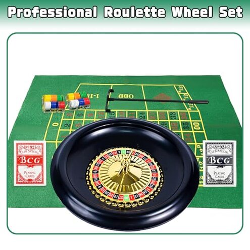 IIDEA 16 Inch Professional Roulette Wheel Set Gambling Wheel with 120 Chips,2 Decks of Cards,Reversible Game Table Mat, Rake and Balls,Casino Games Suitable for Roulette and Texas Hold'em