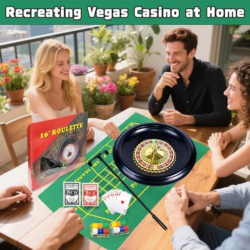 IIDEA 16 Inch Professional Roulette Wheel Set Gambling Wheel with 120 Chips,2 Decks of Cards,Reversible Game Table Mat, Rake and Balls,Casino Games Suitable for Roulette and Texas Hold'em